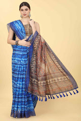 Blue Printed Cotton Blend Saree