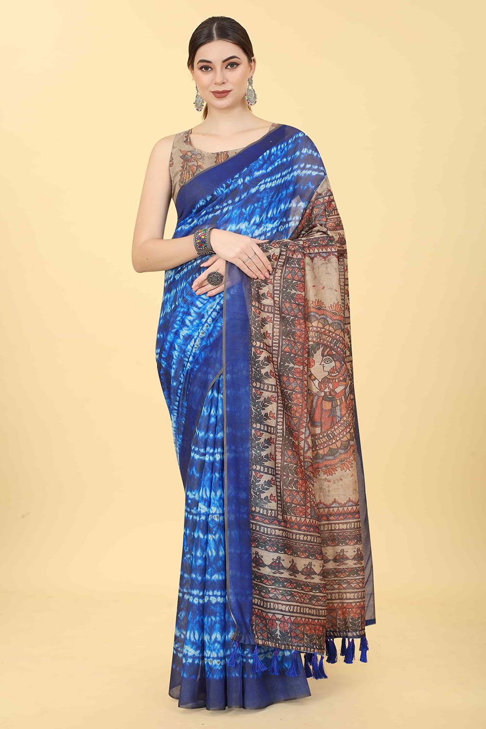 Blue Printed Cotton Blend Saree