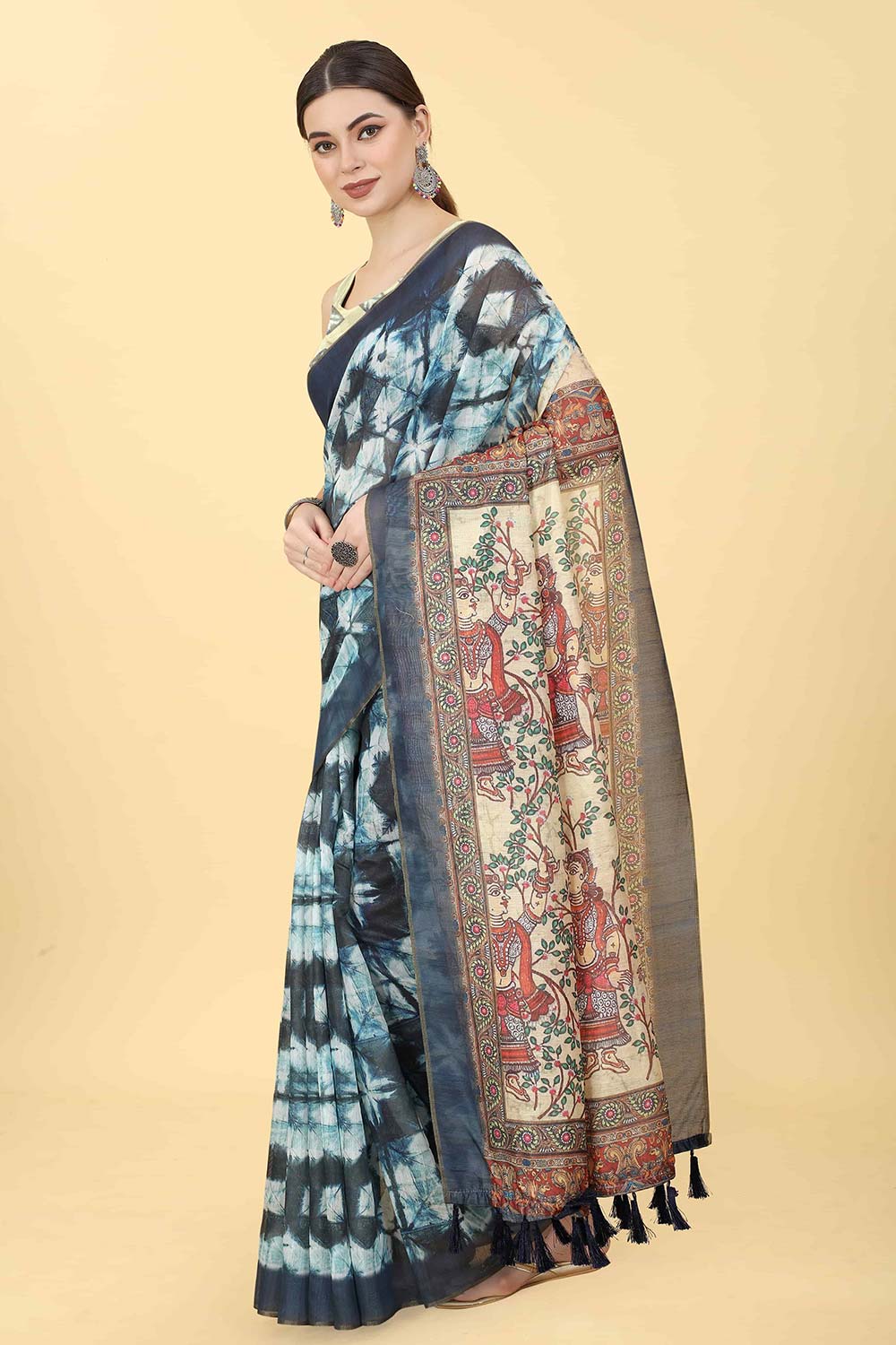 Blue Printed Cotton Blend Saree