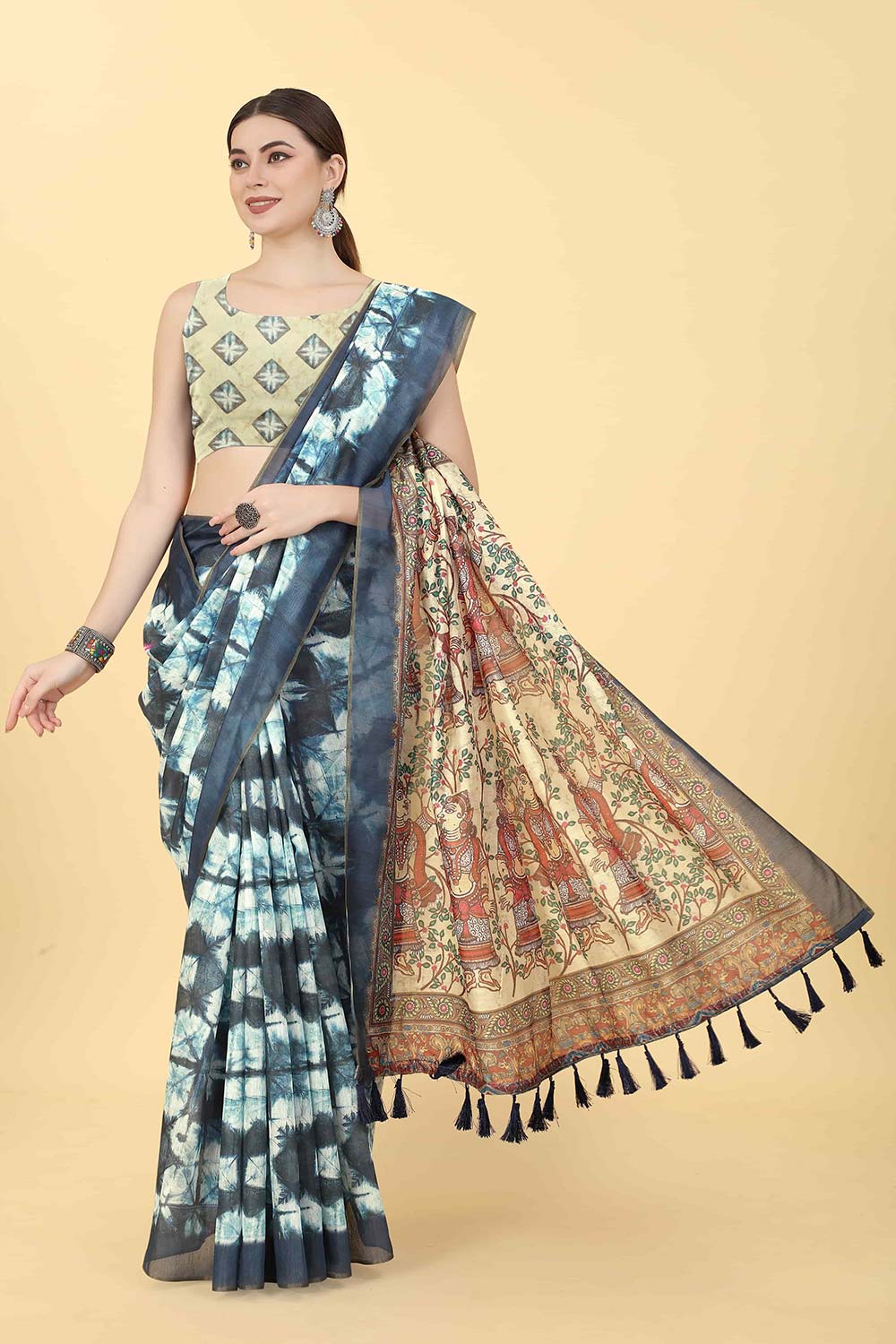 Blue Printed Cotton Blend Saree