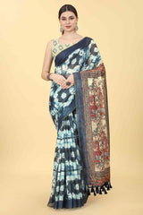 Blue Printed Cotton Blend Saree