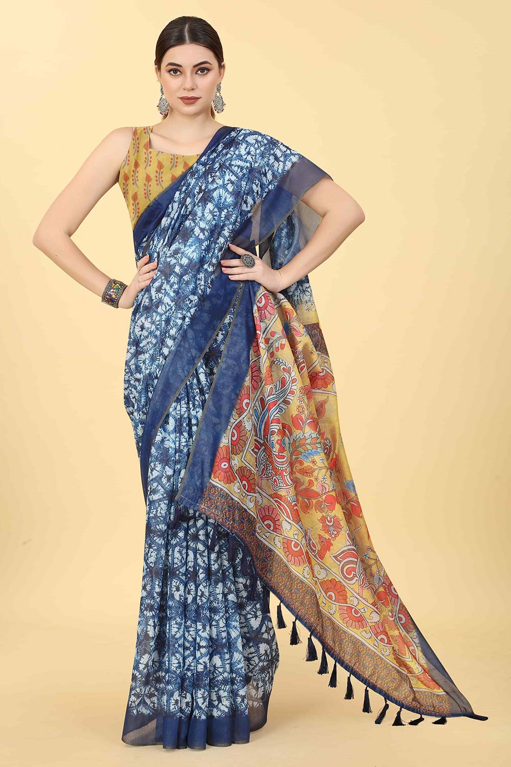 Blue Printed Cotton Blend Saree