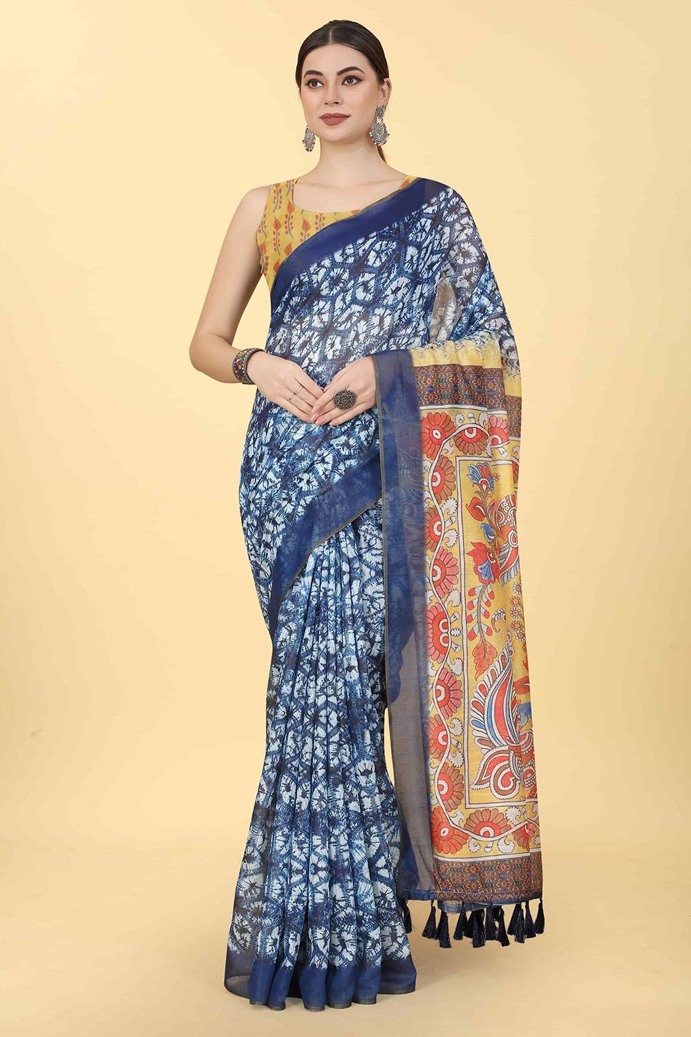 Blue Printed Cotton Blend Saree