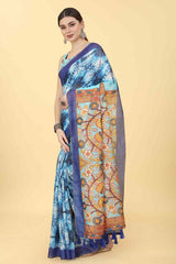 Blue Printed Cotton Blend Saree