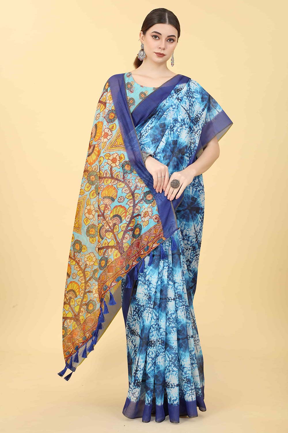 Blue Printed Cotton Blend Saree