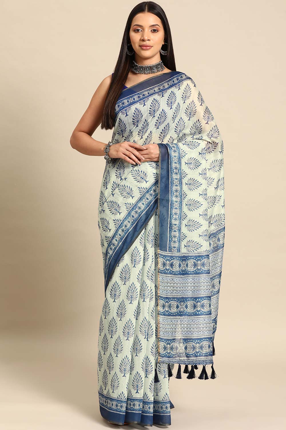 White Printed Cotton Blend Saree