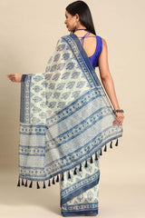 White Printed Cotton Blend Saree