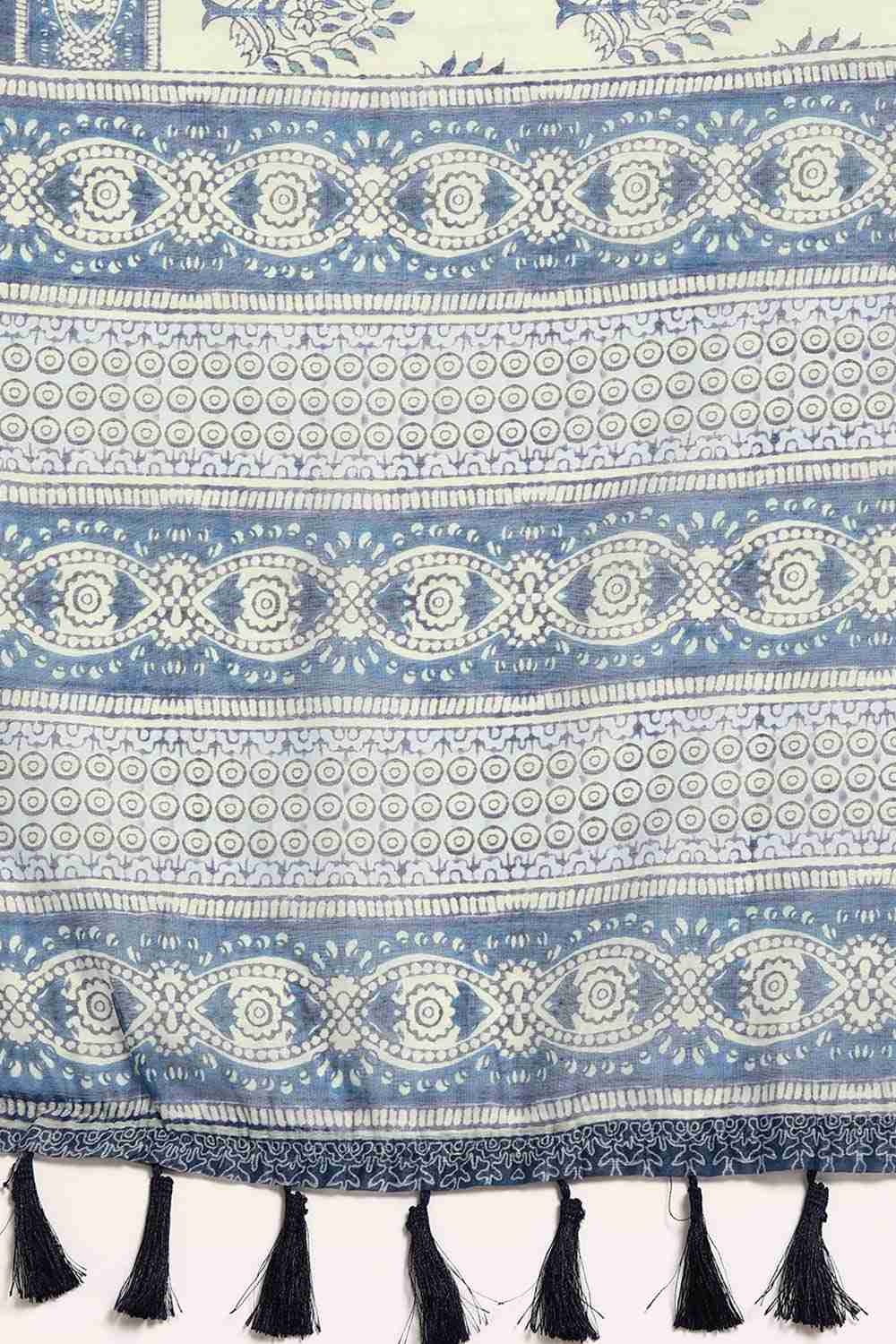 White Printed Cotton Blend Saree