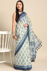 White Printed Cotton Blend Saree