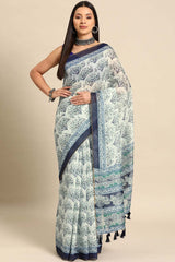 White Printed Cotton Blend Saree