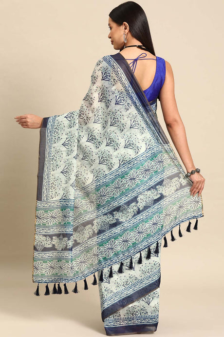 White Printed Cotton Blend Saree