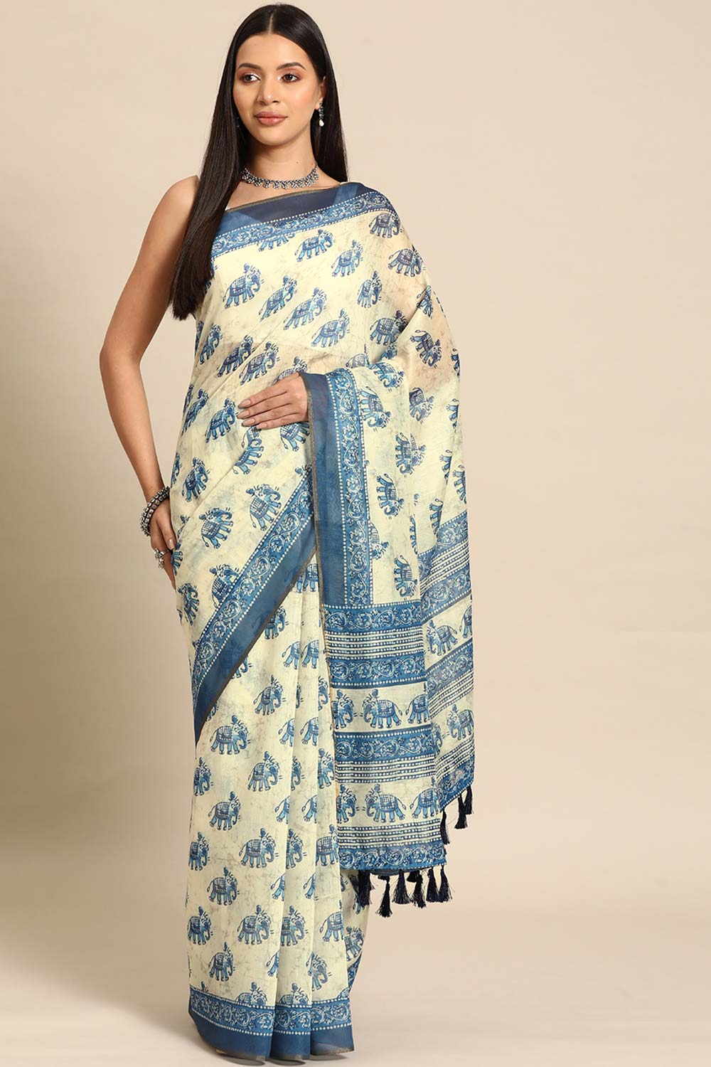 White Printed Cotton Blend Saree