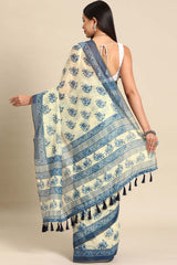 White Printed Cotton Blend Saree