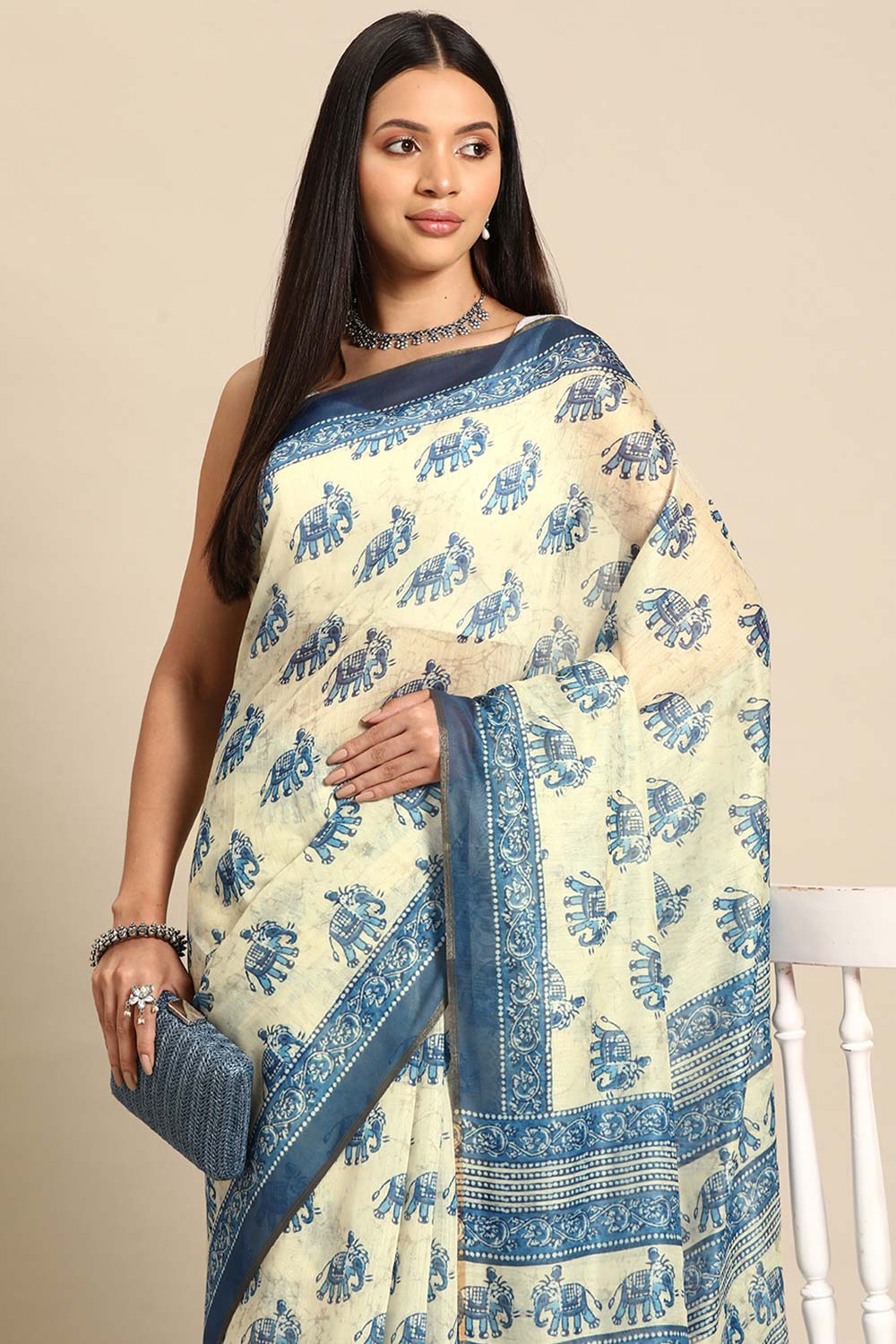 White Printed Cotton Blend Saree