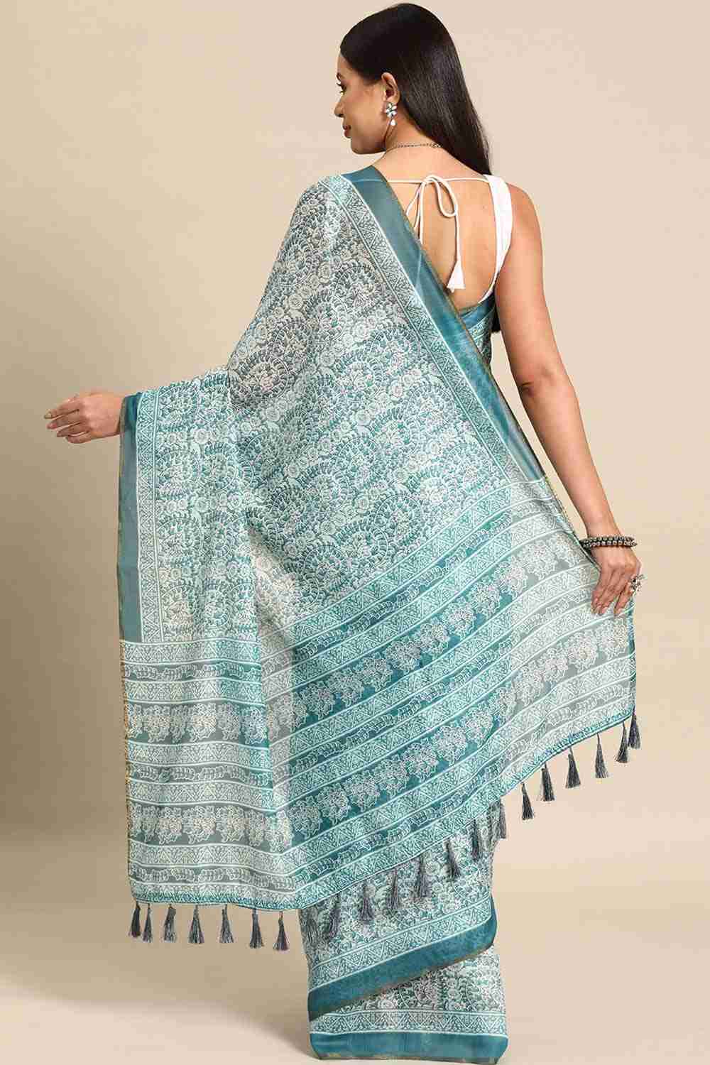 Teal Printed Cotton Blend Saree