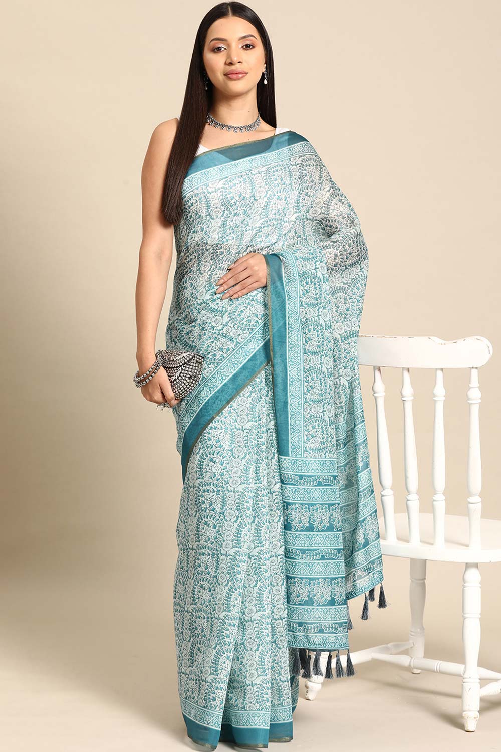 Teal Printed Cotton Blend Saree