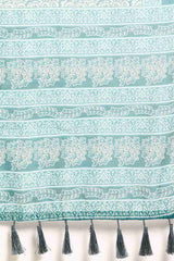 Teal Printed Cotton Blend Saree