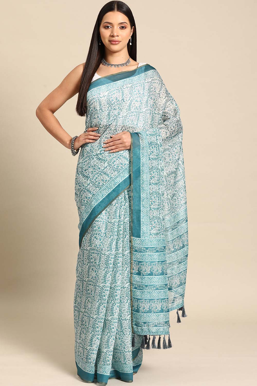 Teal Printed Cotton Blend Saree