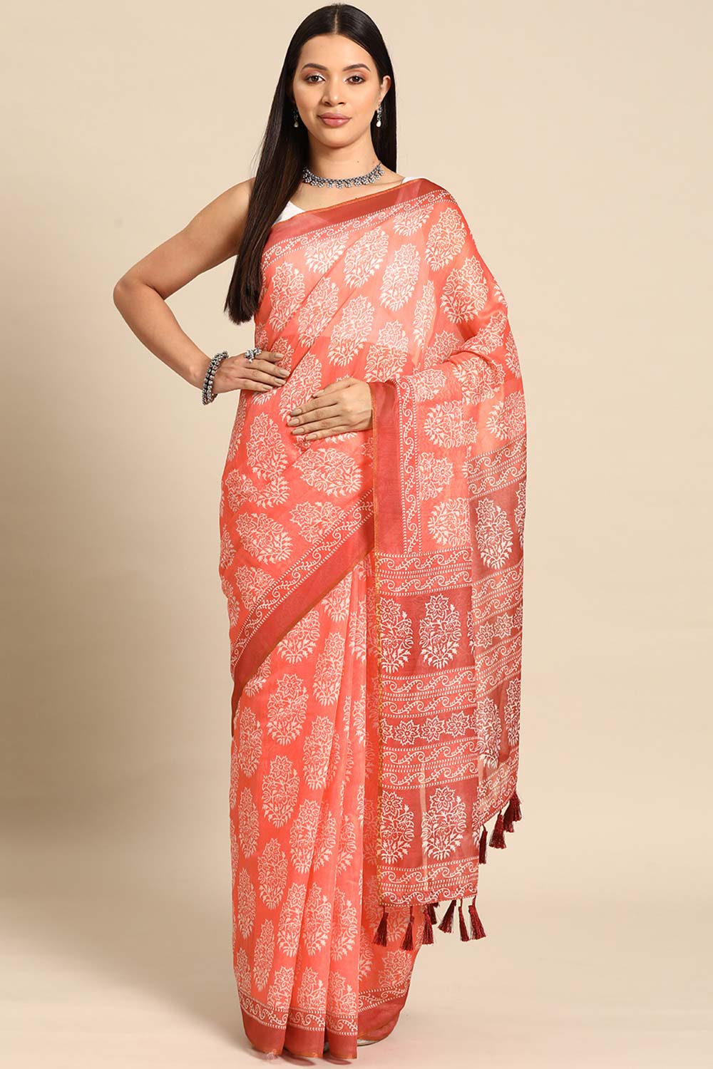 Peach Printed Cotton Blend Saree