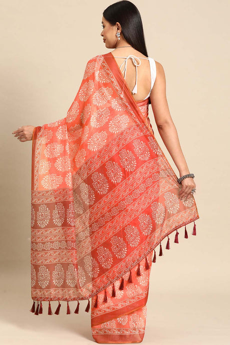 Peach Printed Cotton Blend Saree