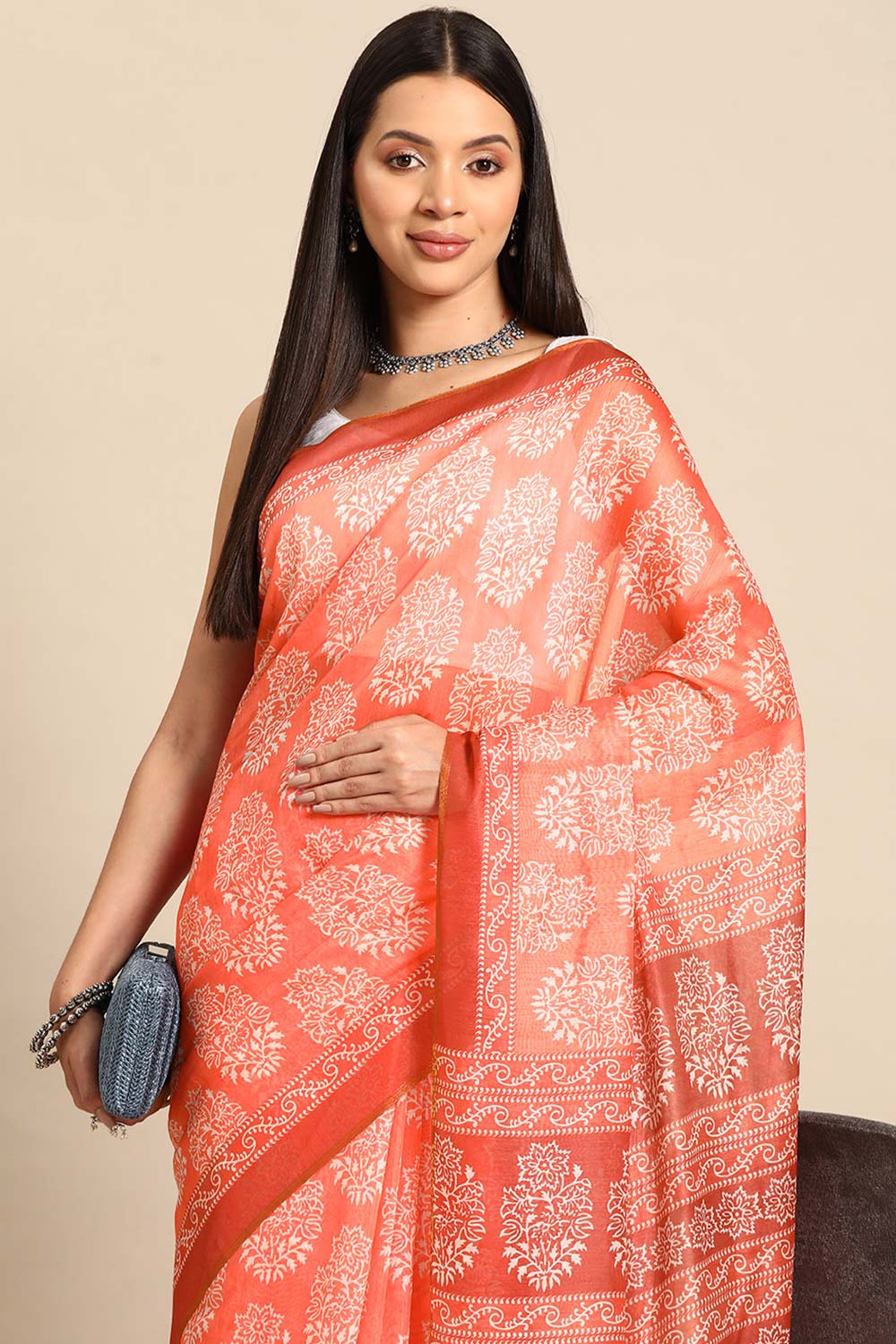 Peach Printed Cotton Blend Saree