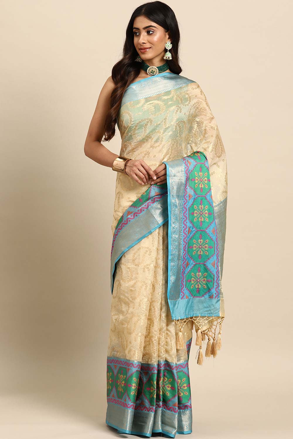 Beige Woven Silk Blend Saree