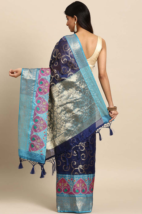 Navy Blue Woven Silk Blend Saree
