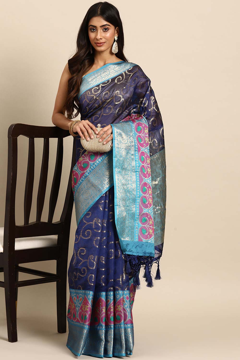 Navy Blue Woven Silk Blend Saree