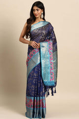 Navy Blue Woven Silk Blend Saree