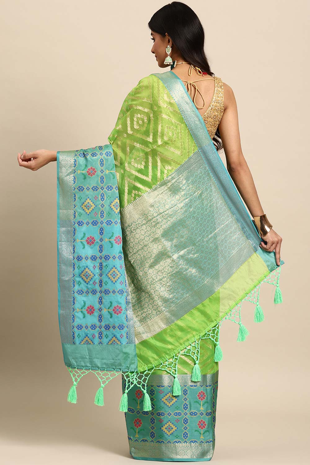 Lime Green Woven Silk Blend Saree