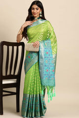 Lime Green Woven Silk Blend Saree