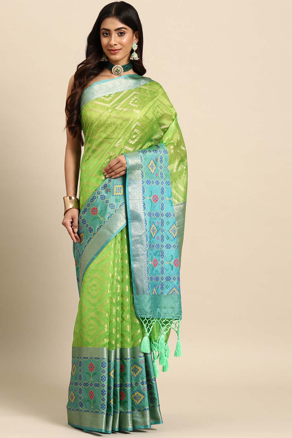 Lime Green Woven Silk Blend Saree