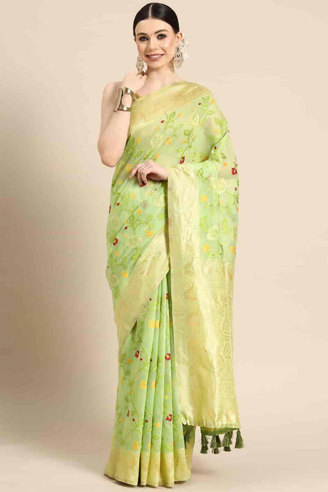 Green Cotton Woven Design Saree