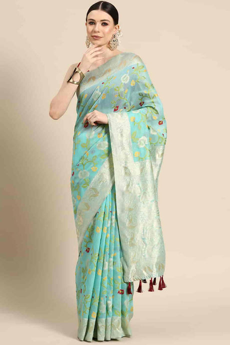 Turquoise Cotton Woven Design Saree
