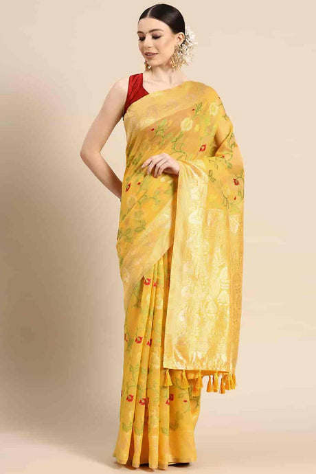 Yellow Cotton Woven Design Saree