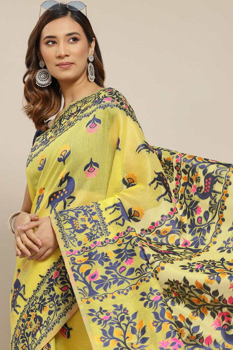 Buy Yellow Cotton Floral Jamdani Saree Online