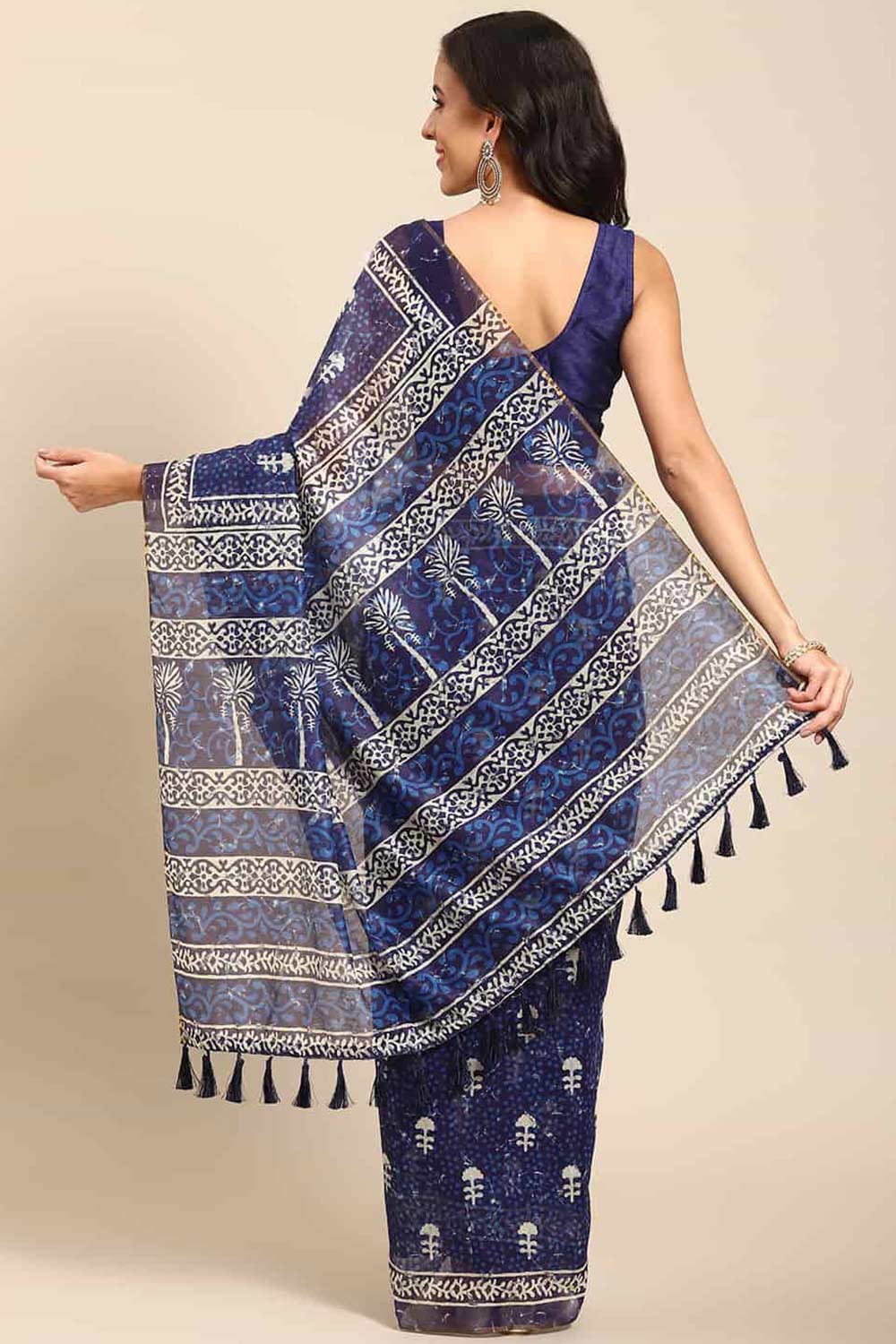 Buy Blue Cotton Block Printed Handloom Saree Saree Online