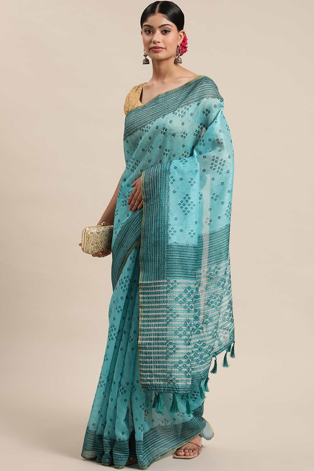 Buy Teal Poly Cotton Bandhani Printed Handloom Saree Saree Online