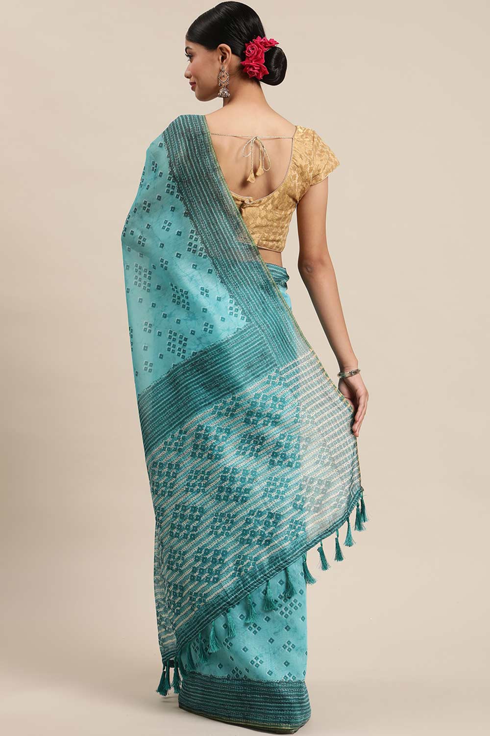 Buy Teal Poly Cotton Bandhani Printed Handloom Saree Saree Online