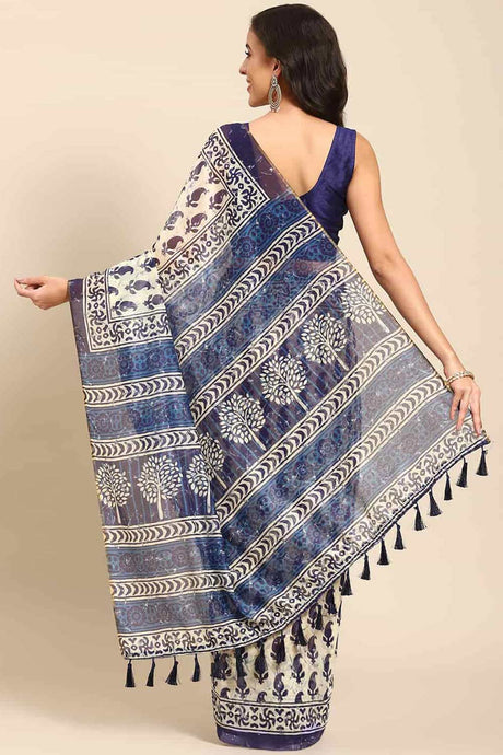 Buy Blue Cotton Block Printed Handloom Saree Saree Online