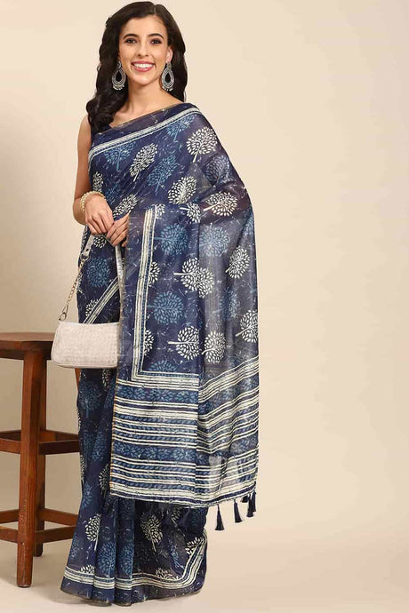 Buy Blue Cotton Block Printed Handloom Saree Saree Online