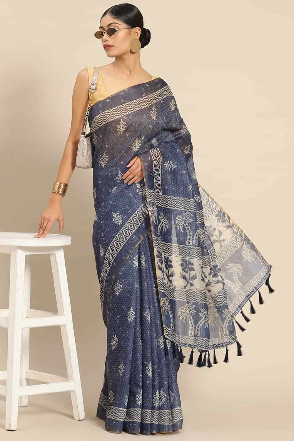 Buy Blue Cotton Block Printed Handloom Saree Saree Online