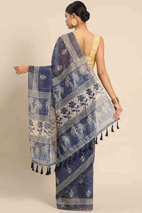 Buy Blue Cotton Block Printed Handloom Saree Saree Online