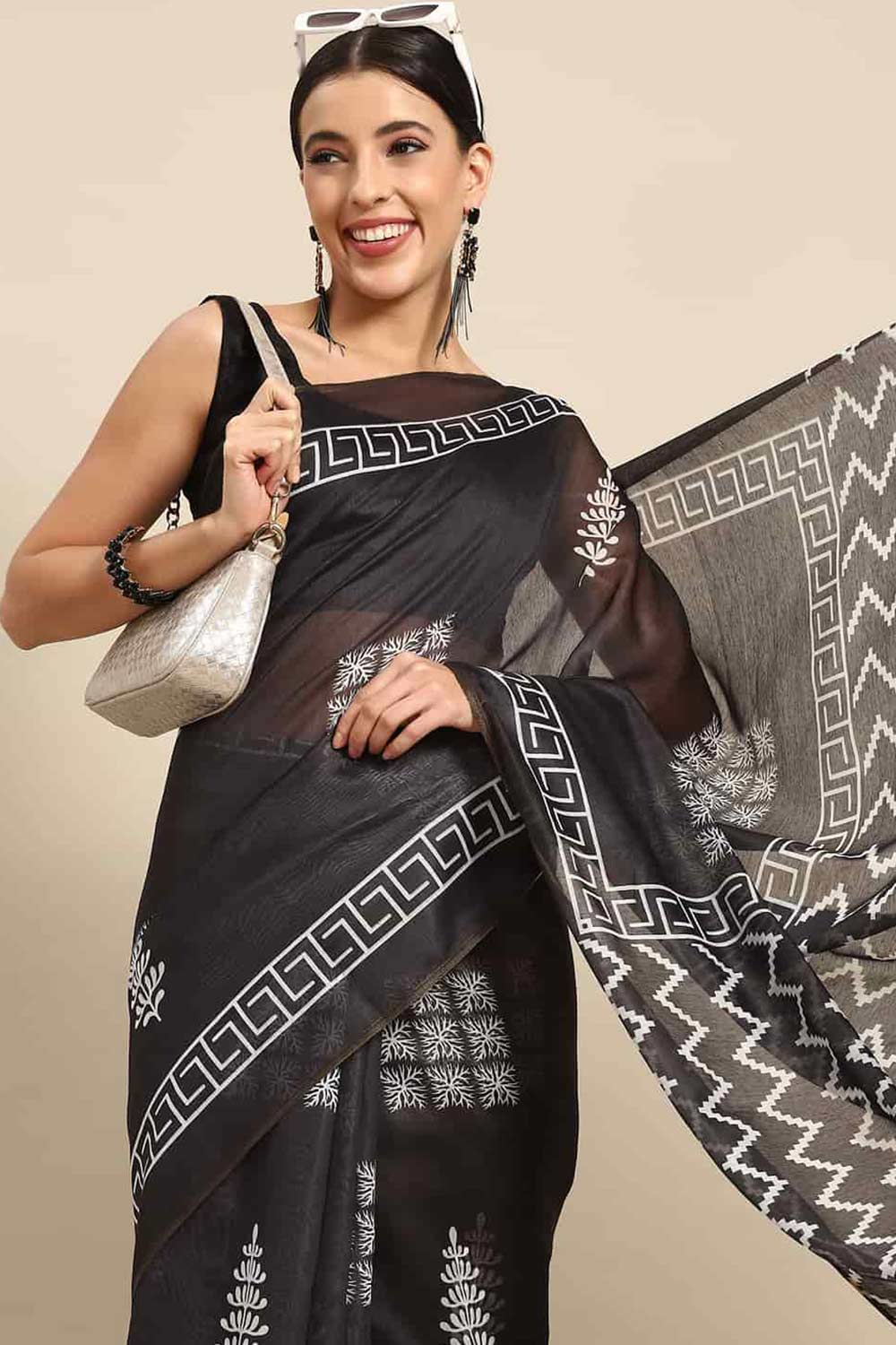 Buy Black Cotton Ethnic Motifs Banarasi Saree Online