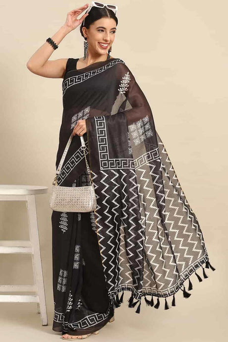 Buy Black Cotton Ethnic Motifs Banarasi Saree Online