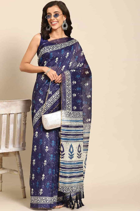 Buy Blue Cotton Block Printed Handloom Saree Saree Online