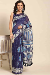 Buy Blue Cotton Block Printed Handloom Saree Saree Online