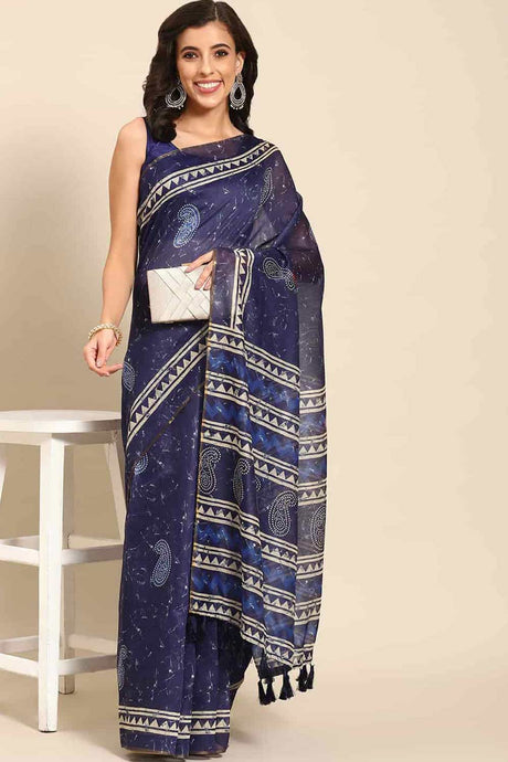 Buy Blue Cotton Block Printed Handloom Saree Saree Online