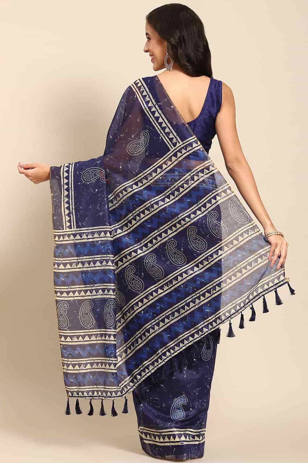 Buy Blue Cotton Block Printed Handloom Saree Saree Online