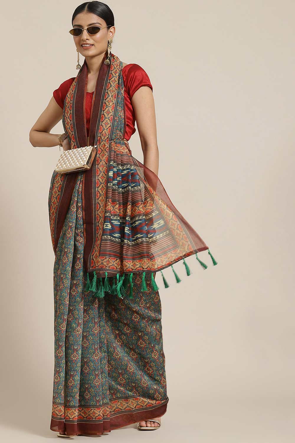 Buy Maroon Cotton Block Printed Handloom Saree Saree Online